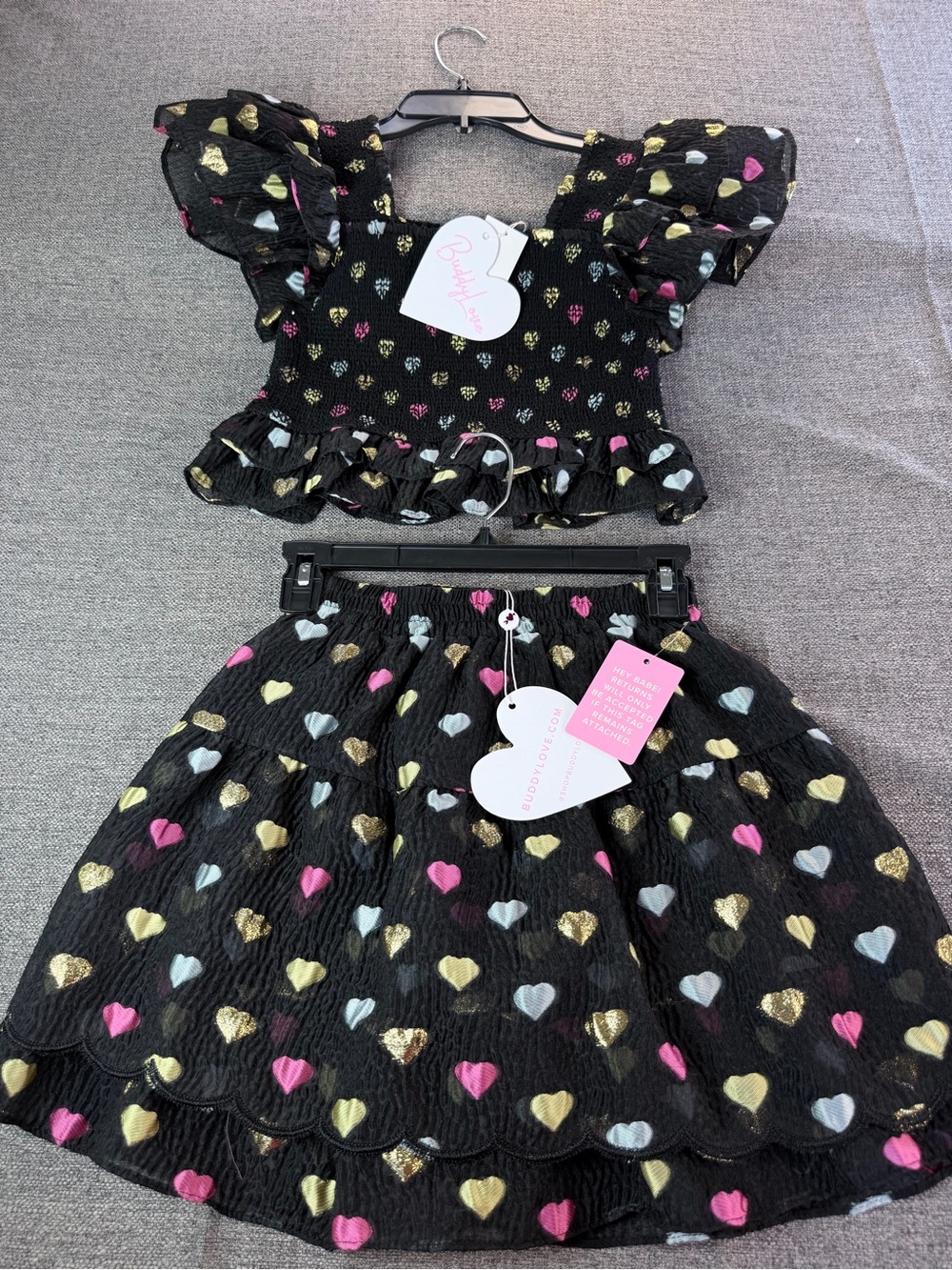 TYLER TWEEN OUTFIT SET - FOIL HEARTS Black Heart-Print Ruffle Kids Dress - Picture 5 of 14